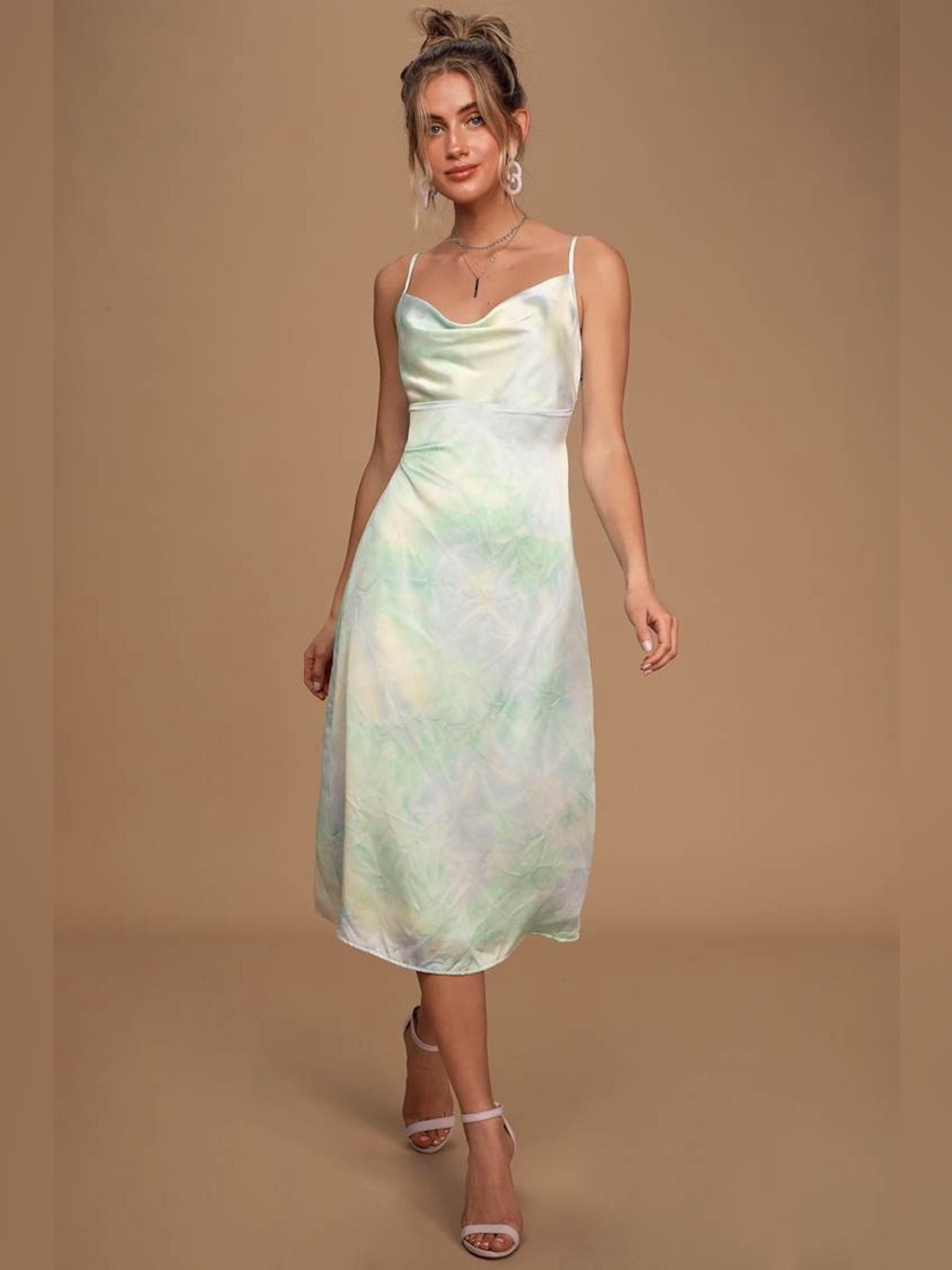 Lulus Women’s Tie Dye Satin Maxi Slip Dress Mint Blue Green Cowl Neck Size M